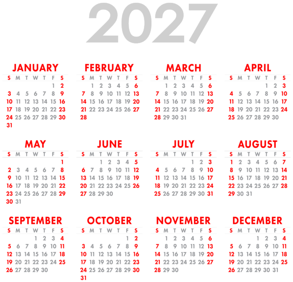 2027 Calendar Transparent Image PNG | Gallery Yopriceville - High